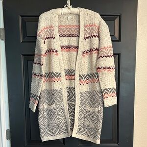 Maurices Cream and Pink Patterned Cardigan